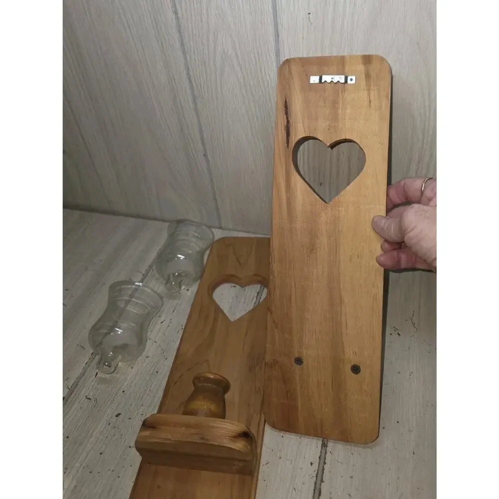 Vintage 90s Wood Heart Sconce Set W/Clear Ruffled Votives Cottagecore Heritage